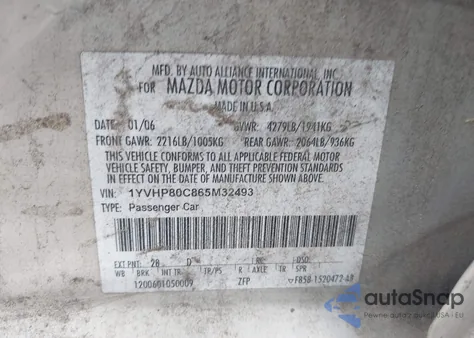 2006 Mazda Mazda6 I Sport z USA, uszkodzony, nr VIN 1YVHP80C865M32493